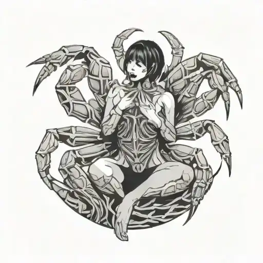 girl holding her dress, all covered in a negative space abstract crab, circular background behind like god tattoo design idea