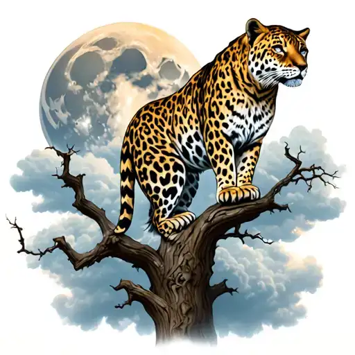 leopard in a tree with full moon bursting through clouds tattoo design idea