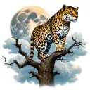 leopard in a tree with full moon bursting through clouds tattoo design idea