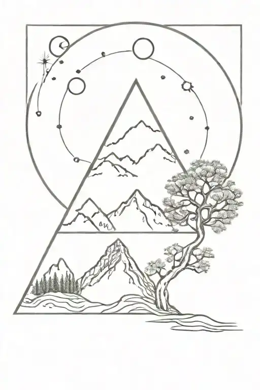 chakras, mountain, universe, tree tattoo design idea