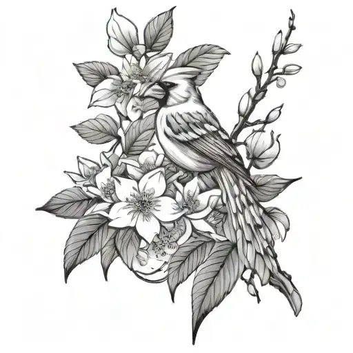 Leg sleeve with 703 area cod and flowering dogwoods and cardinals tattoo design idea