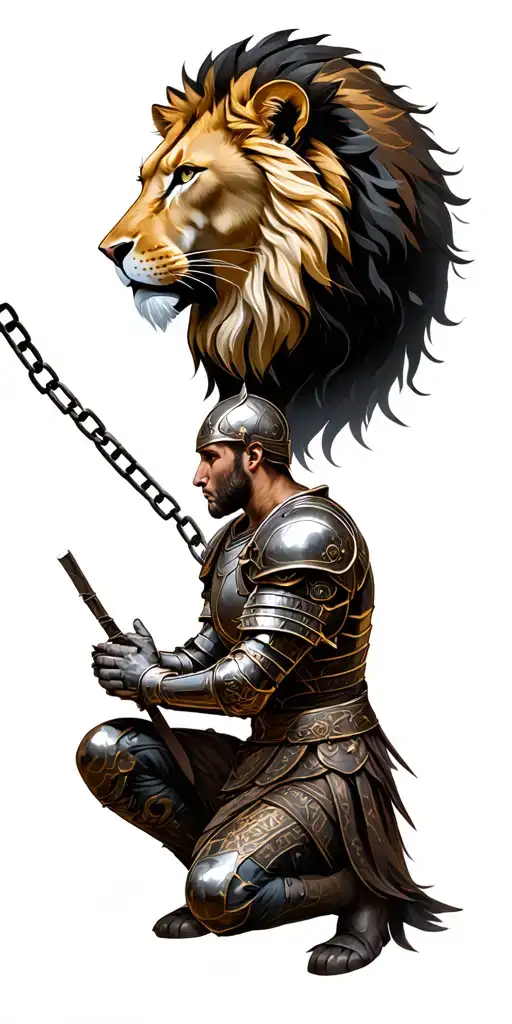 A male lion head with a armored warrior kneeling praying. Background has a iron chain breaking.  tattoo design idea