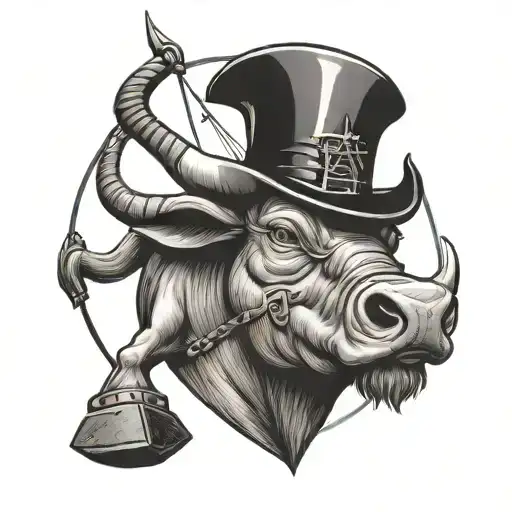 Bull holding a bow and arrow, with a dutch windmill as a hat tattoo design idea