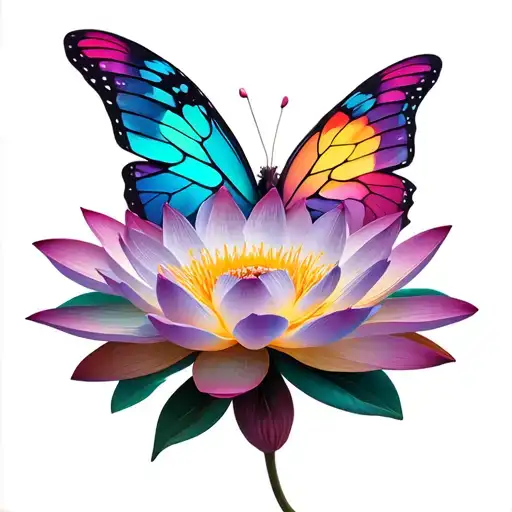 small lotus flower and pastel rainbow butterfly wings tattoo design idea