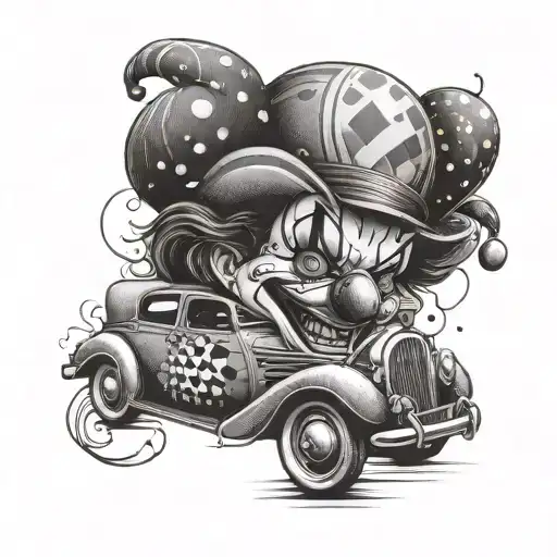 A dropped car with Chicano style clown designs on the hood tattoo design idea