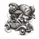 A dropped car with Chicano style clown designs on the hood tattoo design idea