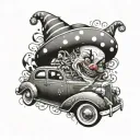 A dropped car with Chicano style clown designs on the hood tattoo design idea