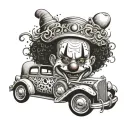 A dropped car with Chicano style clown designs on the hood tattoo design idea