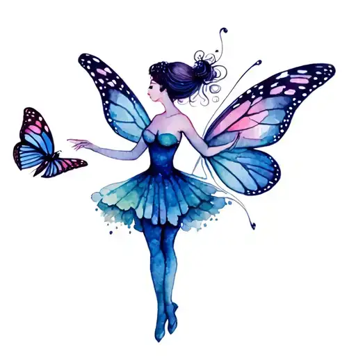 pixie fairy with monarch butterfly wings dancing  tattoo design idea