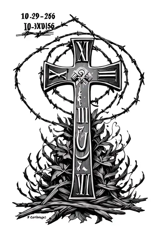 10-29-1956 Roman numerals with cross surrounded and barb wire tattoo design idea
