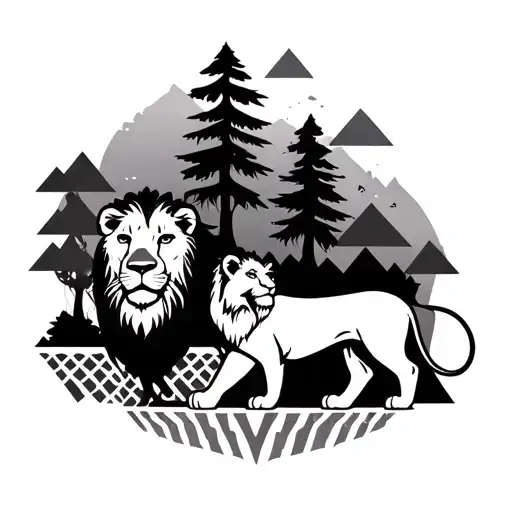 two lions with geometric patterns and trees surrounding tattoo design idea