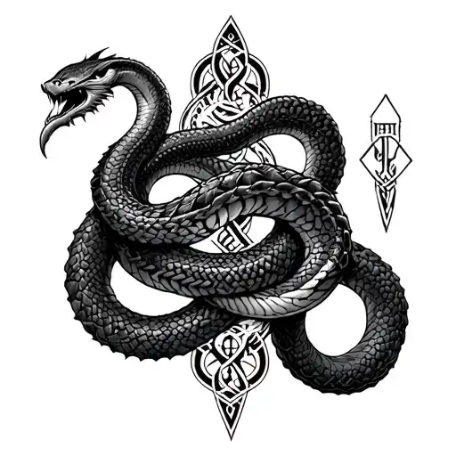 Thorshammer Celtic endless node 2 Äskulap snakes TRISCHEL in the background a J and an M tattoo design idea