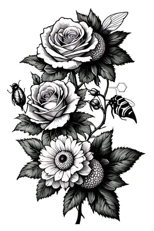 Rose, aster, and narcissus flowers with a bee and honeycomb in the shape of an oxytocin molecule tattoo design idea