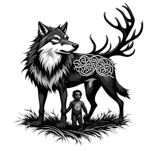 Celtic Guardian & Child Motifa stylized Celtic wolf or stag standing over a small child tattoo design idea