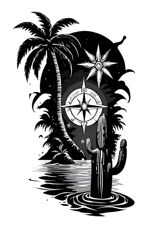vertical tattoo with a palm tree, compass, water and a cactus tattoo design idea