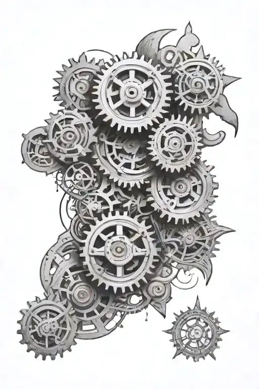 space, gears, wood carving tattoo design idea