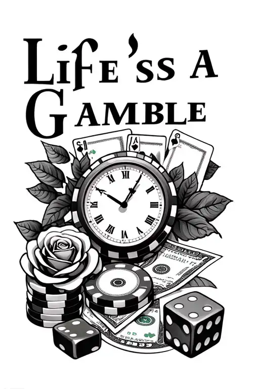 "Life's a Gamble" rose under casino chips $500 and $100, cards, $100 dollar bills, dice, cracked clock tattoo design idea