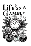 "Life's a Gamble" rose under casino chips $500 and $100, cards, $100 dollar bills, dice, cracked clock tattoo design idea