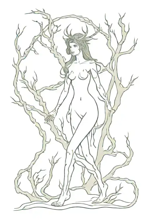 Give me a simple line tattoo of a dryad / sylvaneth / sylvari type creature walking with one hand forward. It should hav tattoo design idea
