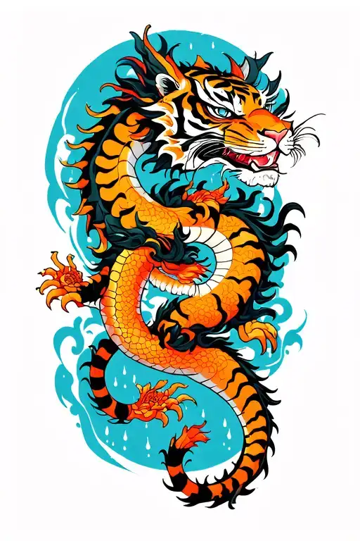 dragon and tiger surrounded my rain tattoo design idea