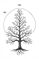a tree with 1963 and 1968 represented at the root and 1996, 1992 and 2002 in the leaves tattoo design idea