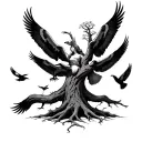 goddess tree with femal as part of trunk with 5 hawks flying around it tattoo design idea