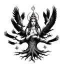 goddess tree with femal as part of trunk with 5 hawks flying around it tattoo design idea