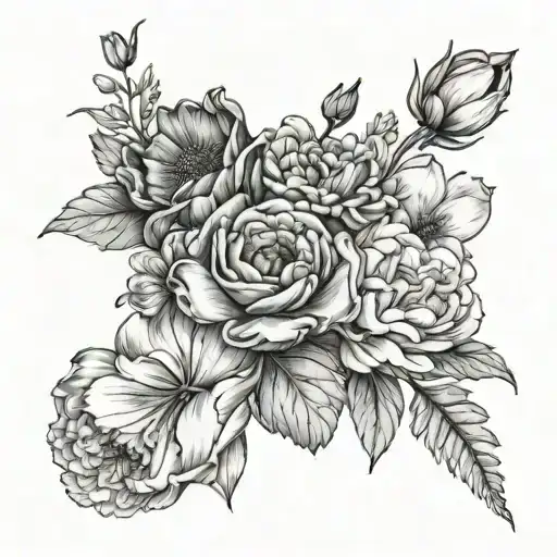 bouquet of 2 snow drops, 2 poppies, a carnation, a daisy, a marigold and a peony tattoo design idea