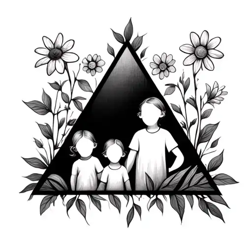 3 triangles symbolizing 2 children and the family and 2 flowers that grow tattoo design idea