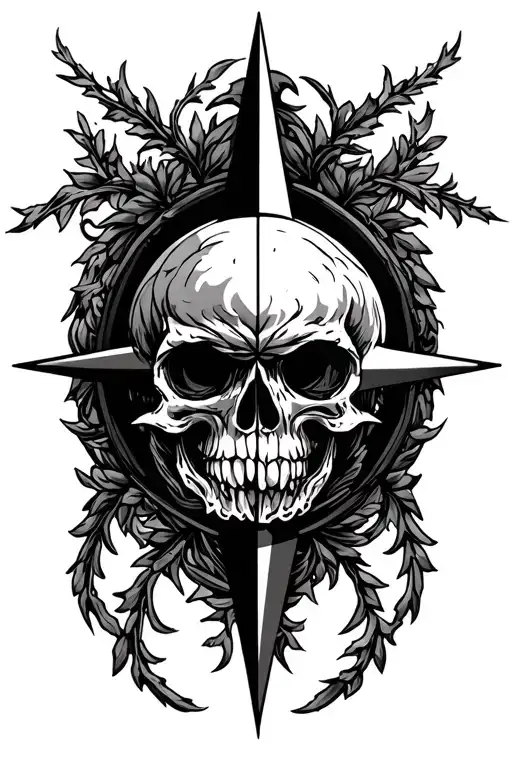 motorcycle and compass rose intertwined vines tattoo design idea