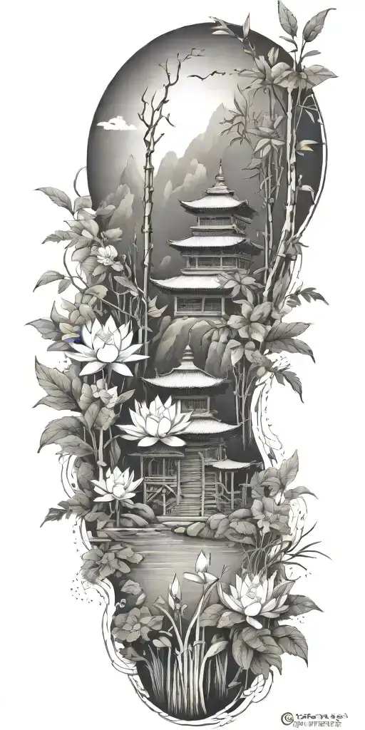 buddhist inpired tattoo with scenary of nature, bamboo, water, and with lotus, koi fish, small budda and spiritual stuff tattoo design idea