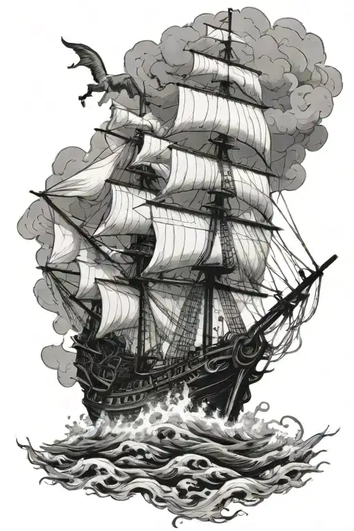 pirate ship being attacked by kraken taking tattoo design idea
