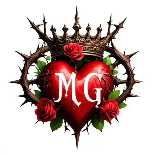 "M G" heart intertwined with roses and thorns with a crown and Gothic letters tattoo design idea
