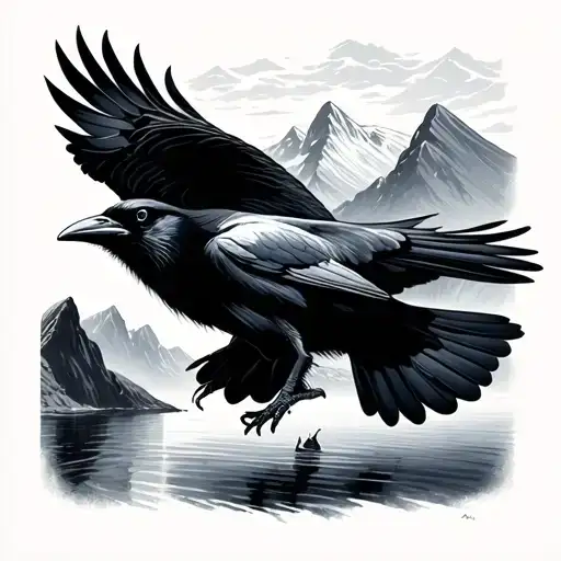 raven flying over fjord landscape inside tattoo design idea