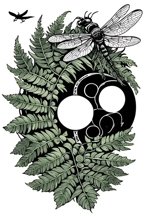 fern, moon phases, dragonfly, honeybee flying, seed of life tattoo design idea