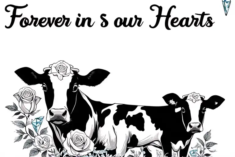 "Forever in our Hearts "  "" Roses, diamonds,cow, and baby cow  tattoo design idea