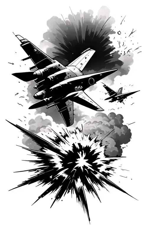 kamikaze background black and white with explosions and an airplane tattoo design idea