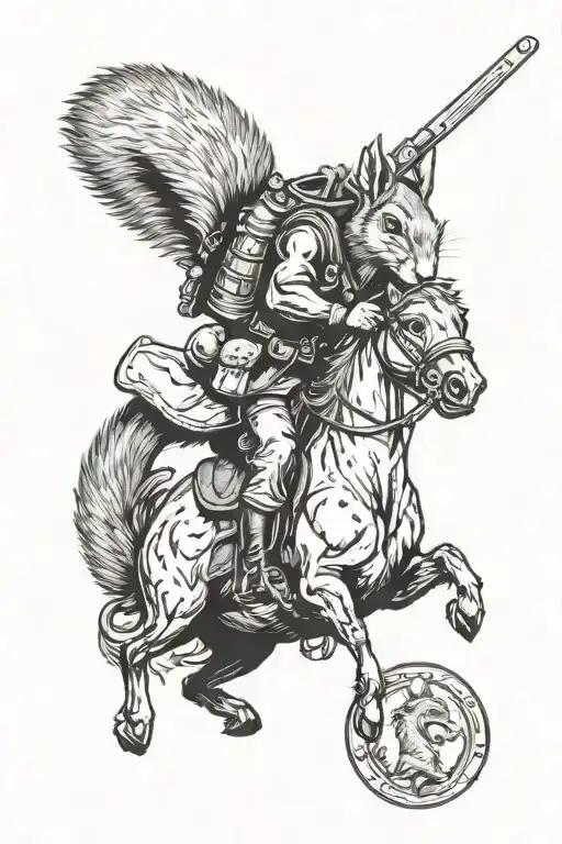 Squirrel riding horse while eating acorn and holding a gun tattoo design idea