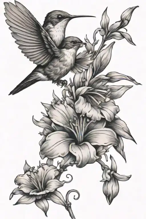 hummingbird with daisy and gladiolus flowers tattoo design idea
