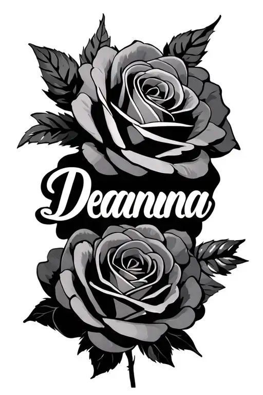 "Deanna" black and grey roses with Deanna in White calligraphy  tattoo design idea