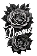 "Deanna" black and grey roses with Deanna in White calligraphy  tattoo design idea