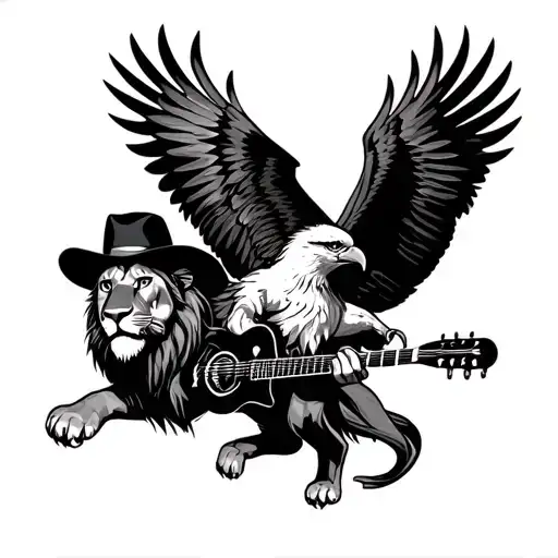 Hank Williams jr with a lion and a eagle flying tattoo design idea