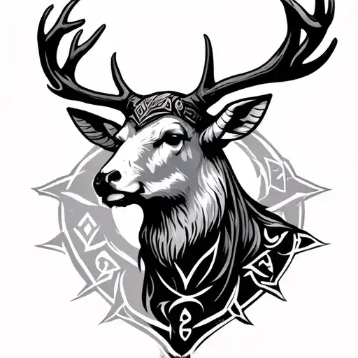 viking runes on a stag head surrounded tattoo design idea