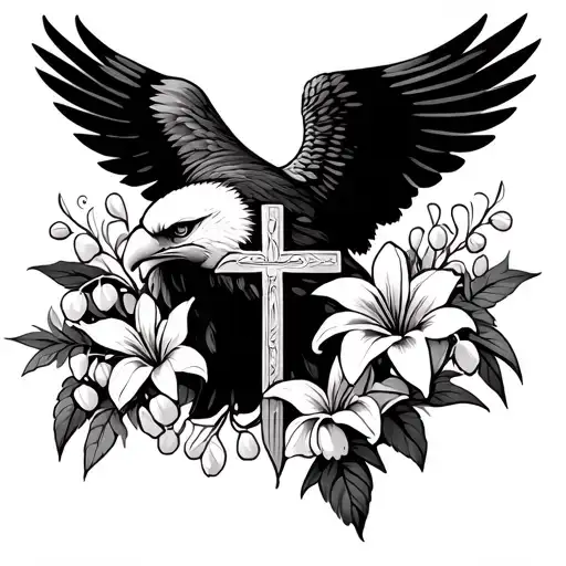 cross lily of the valley bald eagle Native American traditional floral girly  tattoo design idea