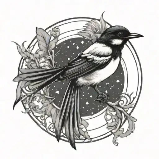 Flying willy wagtail. Cosmic pattern. Magic summoning circle. Nordic lines tattoo design idea