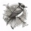 Flying willy wagtail. Cosmic pattern. Magic summoning circle. Nordic lines tattoo design idea