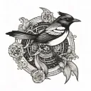 Flying willy wagtail. Cosmic pattern. Magic summoning circle. Nordic lines tattoo design idea