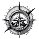 Compass with pathway to mountain inside the compass.  tattoo design idea