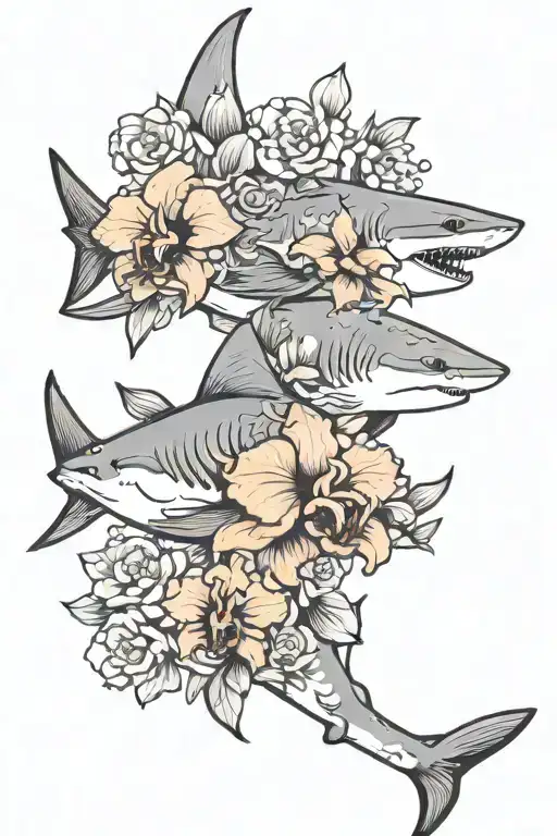 shark with black orchid flowers tattoo design idea