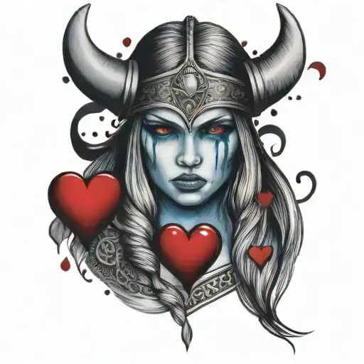 Beautiful Viking Woman crying blue tears and holding red hearts facing forward tattoo design idea